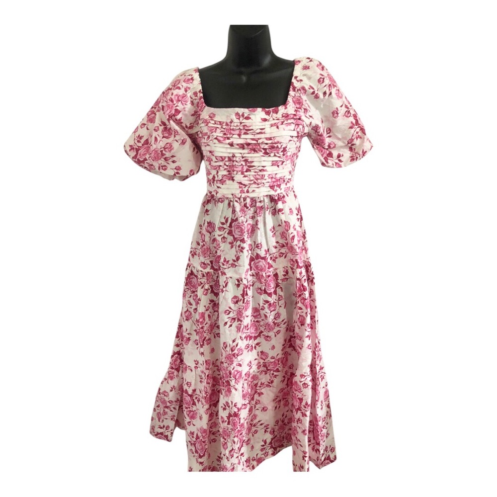 Pink white‎ floral puff sleeve emerson style cotton dress size medium brand new